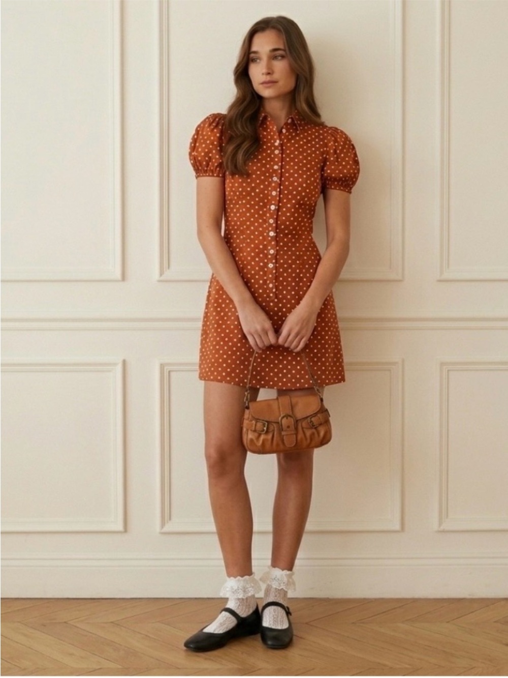 WeWoreWhat Elle Polkadot Mini Puff Sleeve Dress - Bran/Rust - Size Medium New